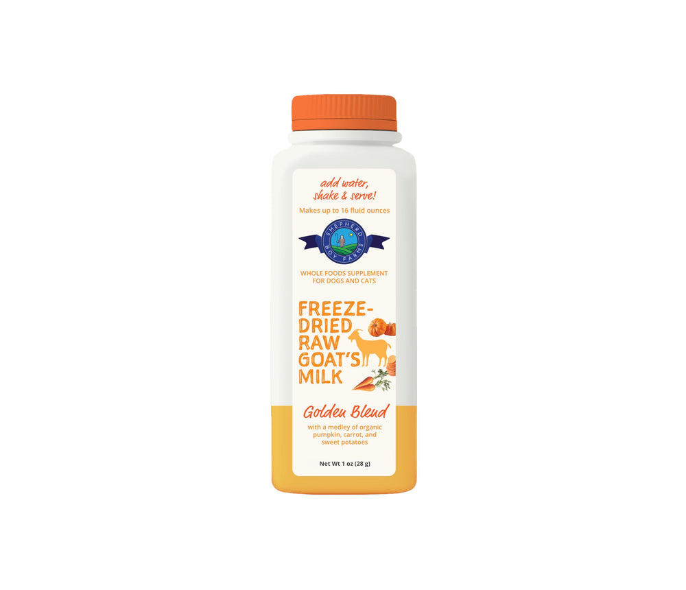 Embalaje de Shepherd Boy Farms leche de cabra con probióticos para mascotas.