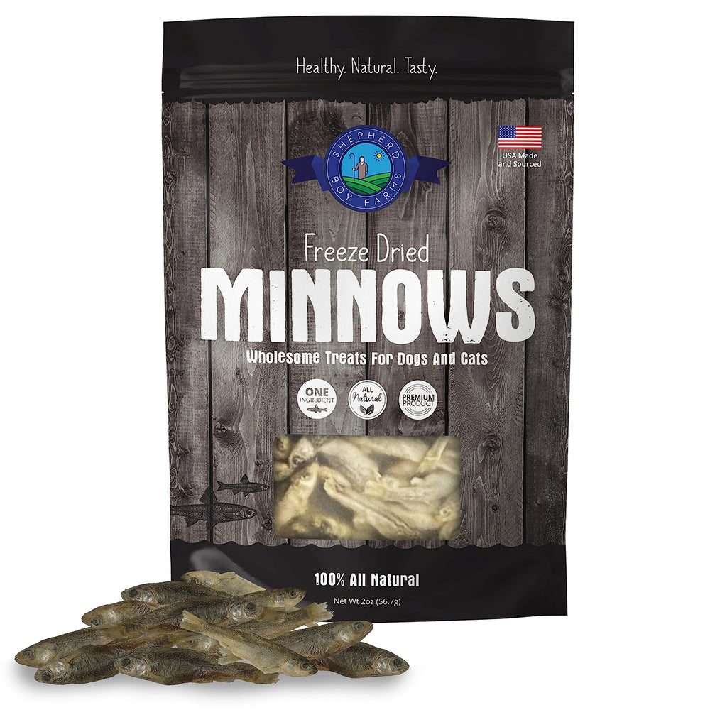 Minnows de Shepherd Boy Farms en empaque visible, snack proteico para perros y gatos.