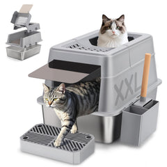 Caja Shikha de arena para gatos en acero inoxidable con tapa volteable para control de olores.