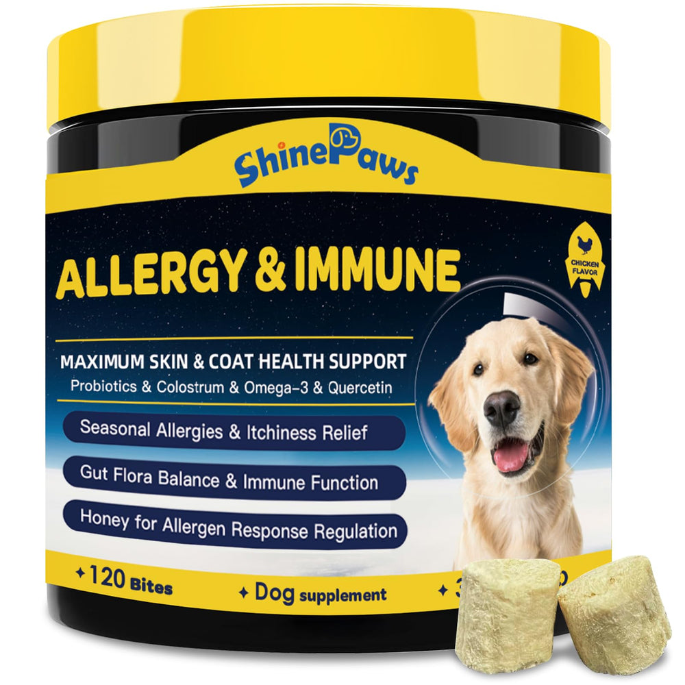 SHINEPAWS alivia alergias en perros con chuches suaves para la piel y pelaje.