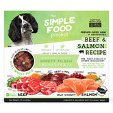 Simple Food Project Carne y Salmón, frente de la bolsa, presenta la receta para perros