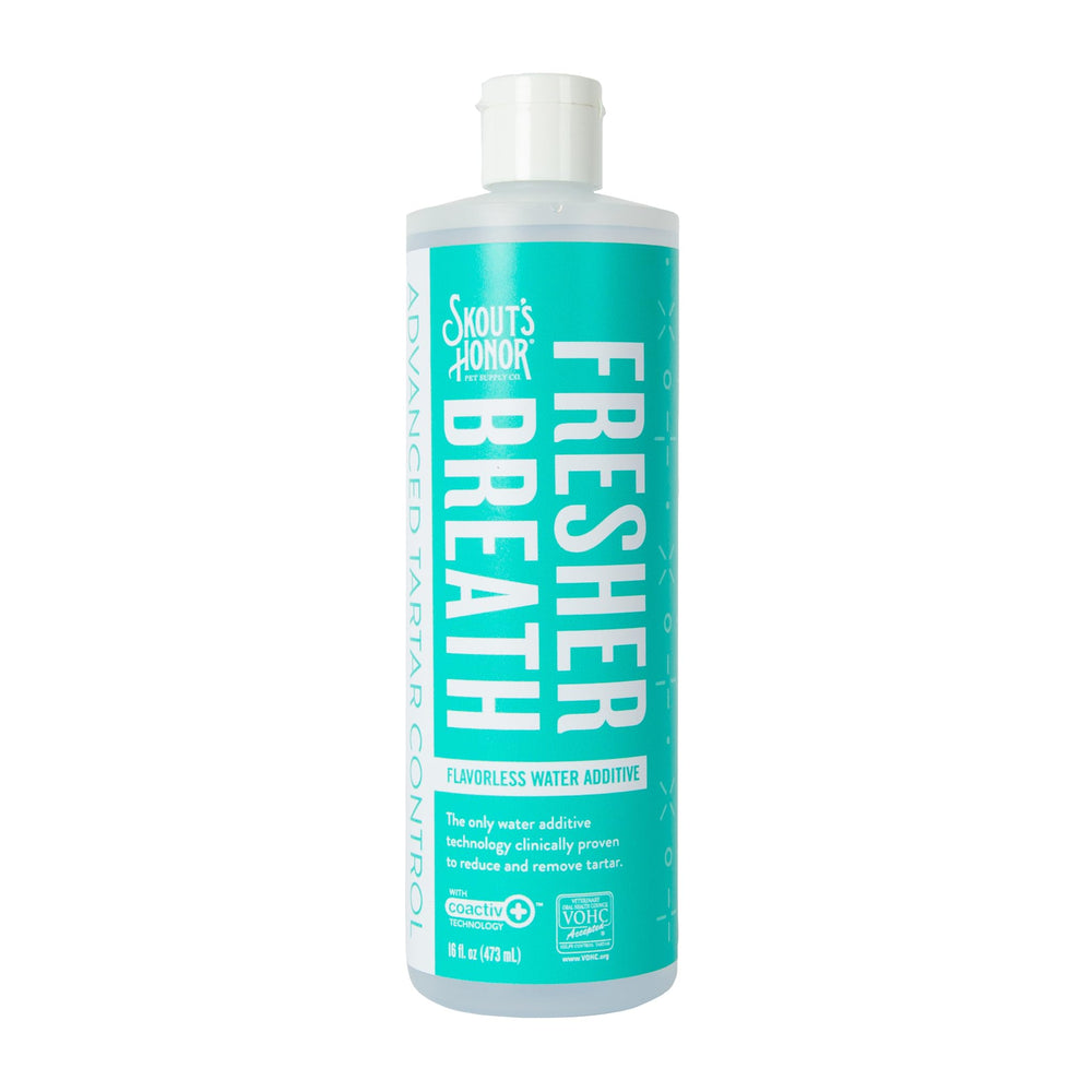 SKOUT'S HONOR Fresher Breath Water Additive: botella para añadir al agua del perro y aliento más fresco.