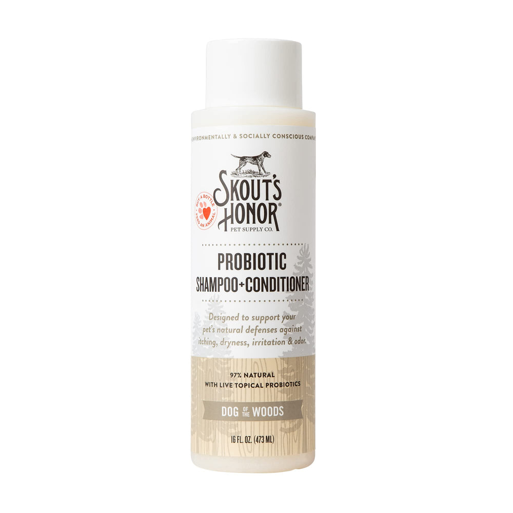 Skout's Honor champú probiótico para perros, botella derramando, limpieza suave y balance del microbioma.