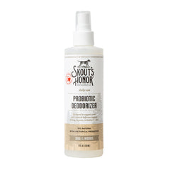 SKOUT'S HONOR desodorante probítico para mascotas, botella con pulverizador, aroma fresco para higiene diaria.