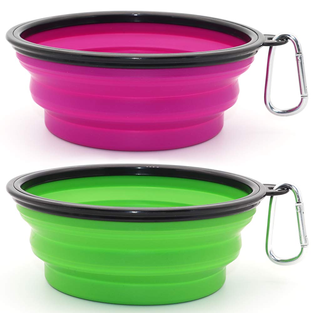 SLSON comedero-perro-colapsable-dos-piezas en verde y púrpura para viajar.