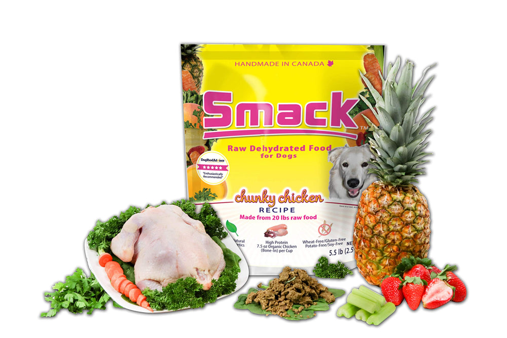 Smack alimento crudo deshidratado para perros, pollo, sin granos, promueve pelaje saludable