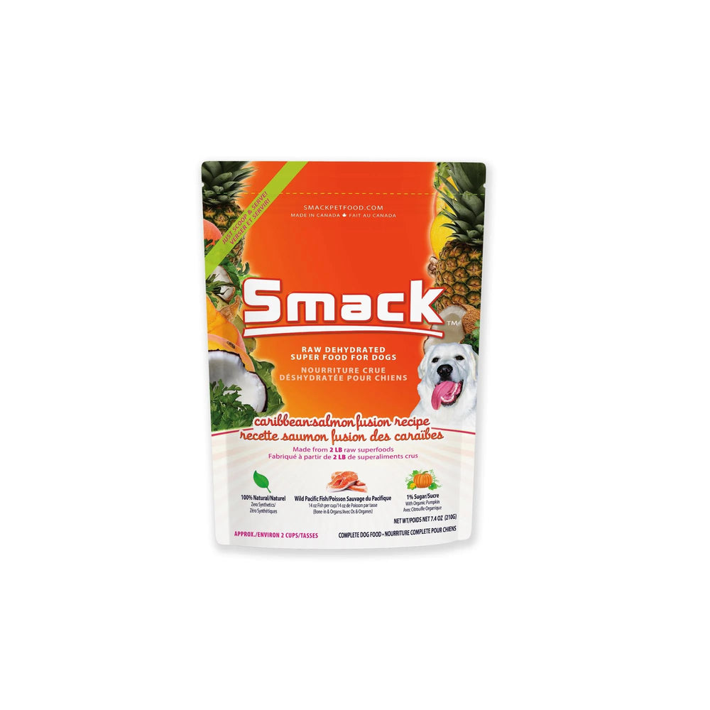 Smack salmon-caribe-fusion en bolsa de 7-4oz, opción práctica para perros activos.