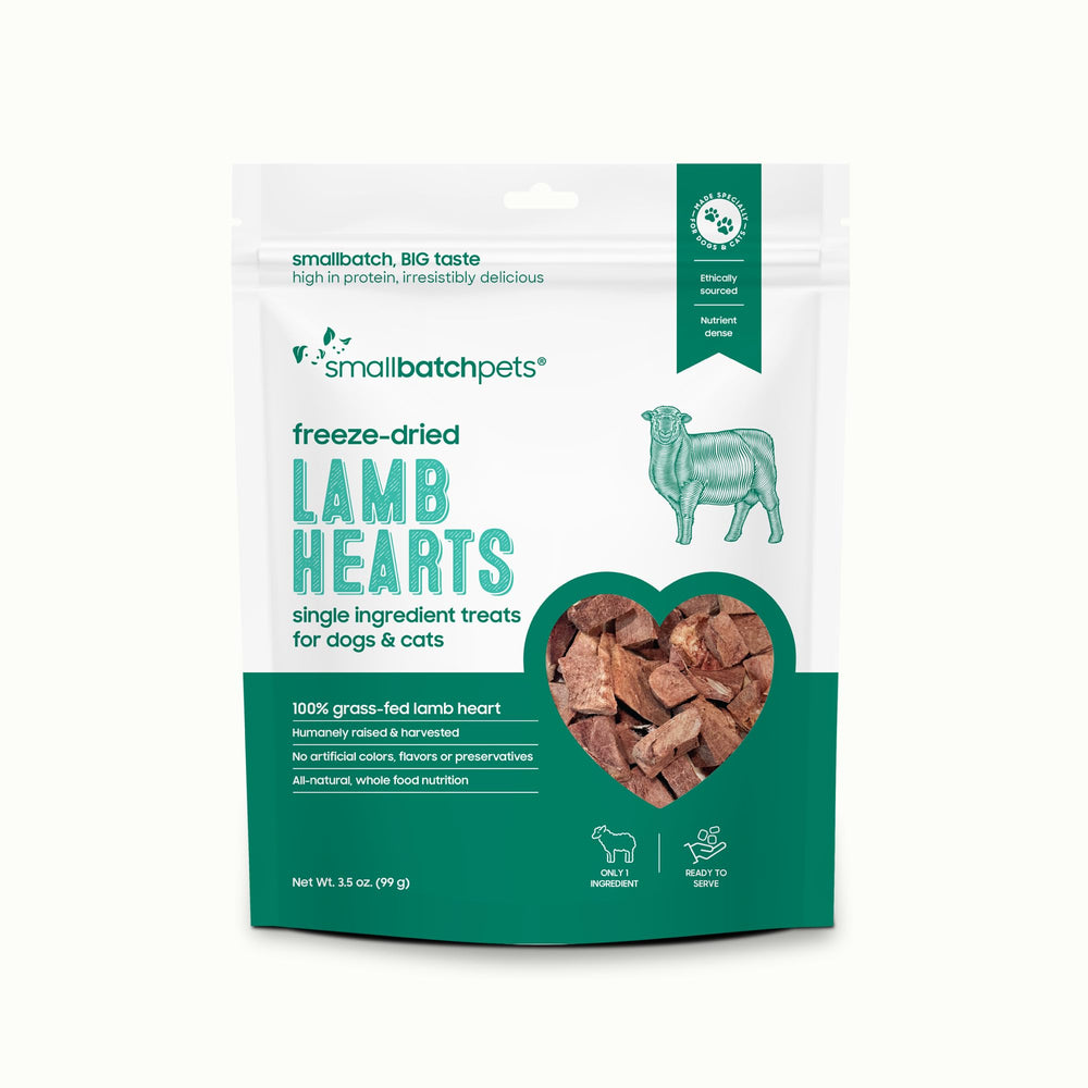 smallbatch corazon de cordero deshidratado en empaque práctico para mascotas