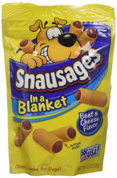 Snausages en manta, snack sabroso para perros con carne y queso, ideal para premiar.