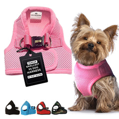 Arnés Snazzi Pet sin tirones rosa, vista frontal, ideal para paseos diarios.