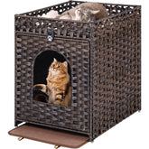 Snughome caja-litter escondida frontal, estética cálida y acceso cómodo para gatos.