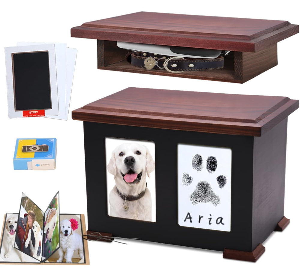 Sofunii urna de madera para mascotas con huella de pata, ideal para conservar recuerdos.