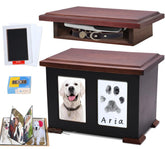 Sofunii urna de madera para mascotas con huella de pata, ideal para conservar recuerdos.