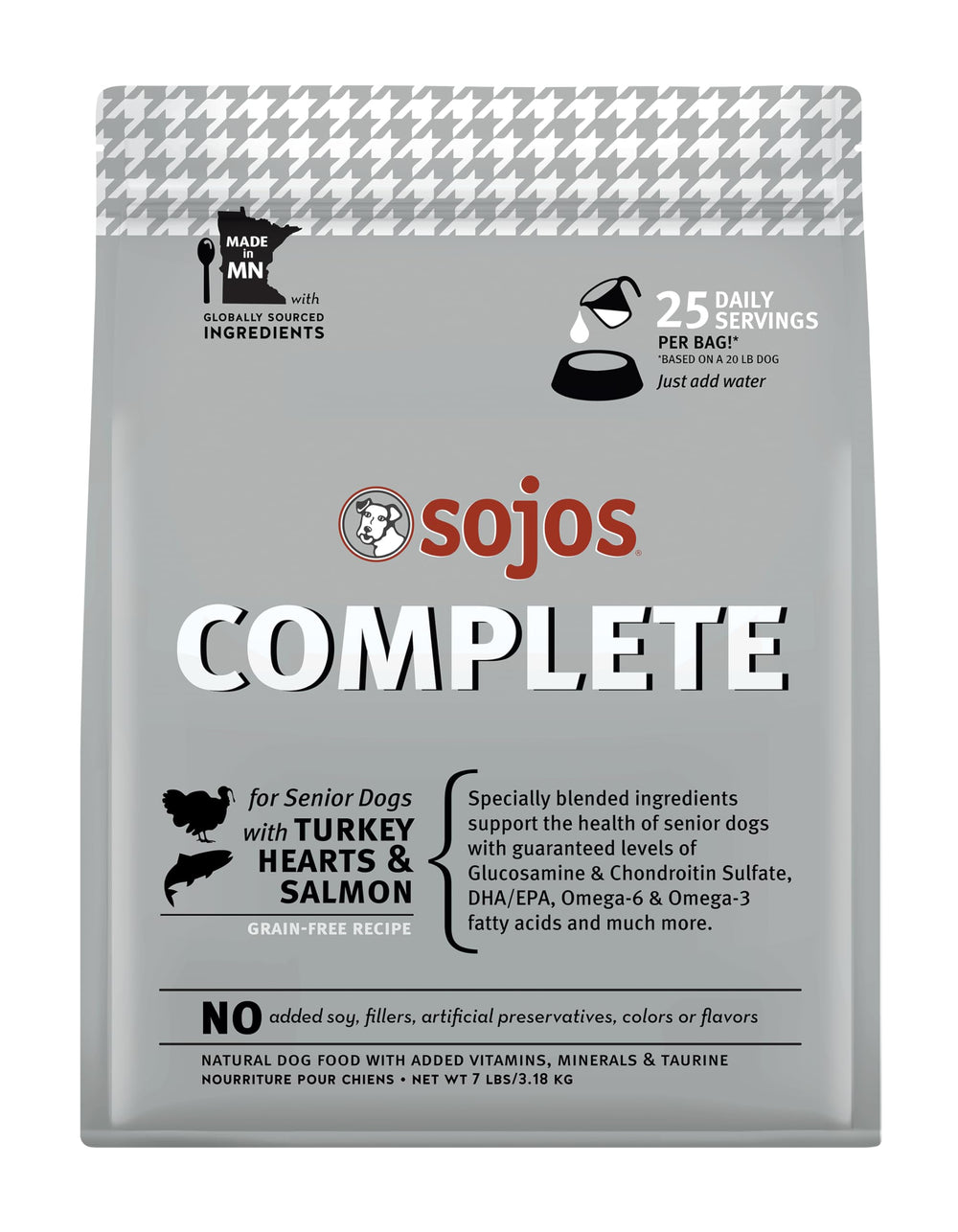 Sojos Complete pavo-salmón senior, bolsa de 7 libras, lista para rehidratar y alimentar.