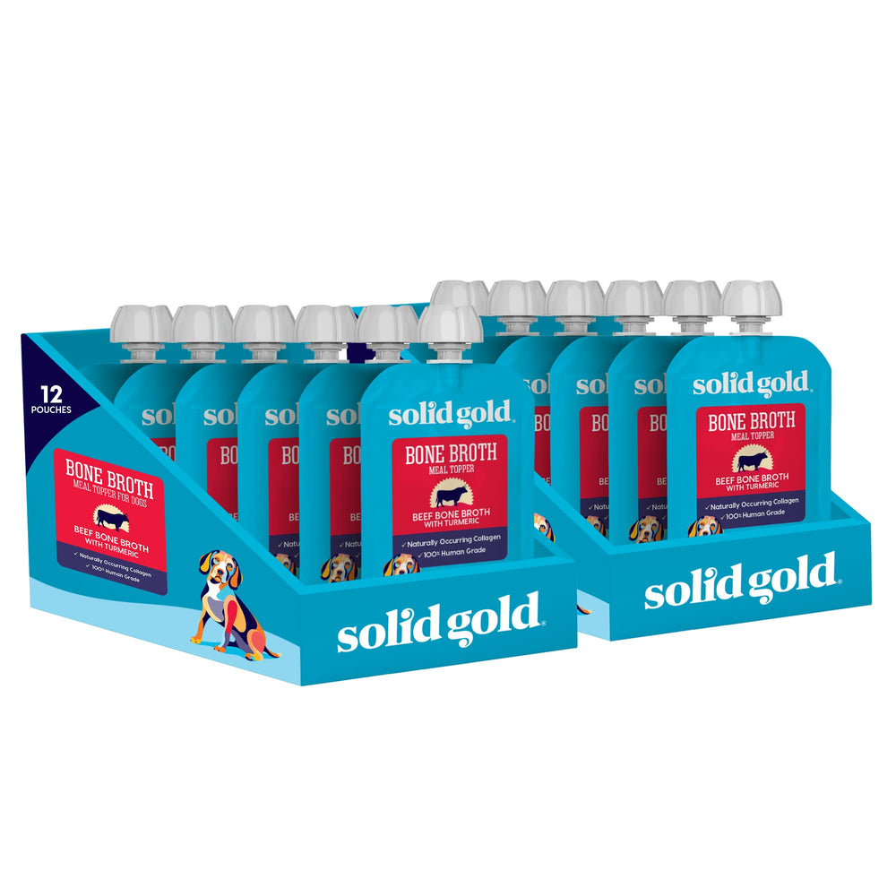 Solid Gold Caldo de Hueso para Perros, verter para mejorar la hidratación del alimento.