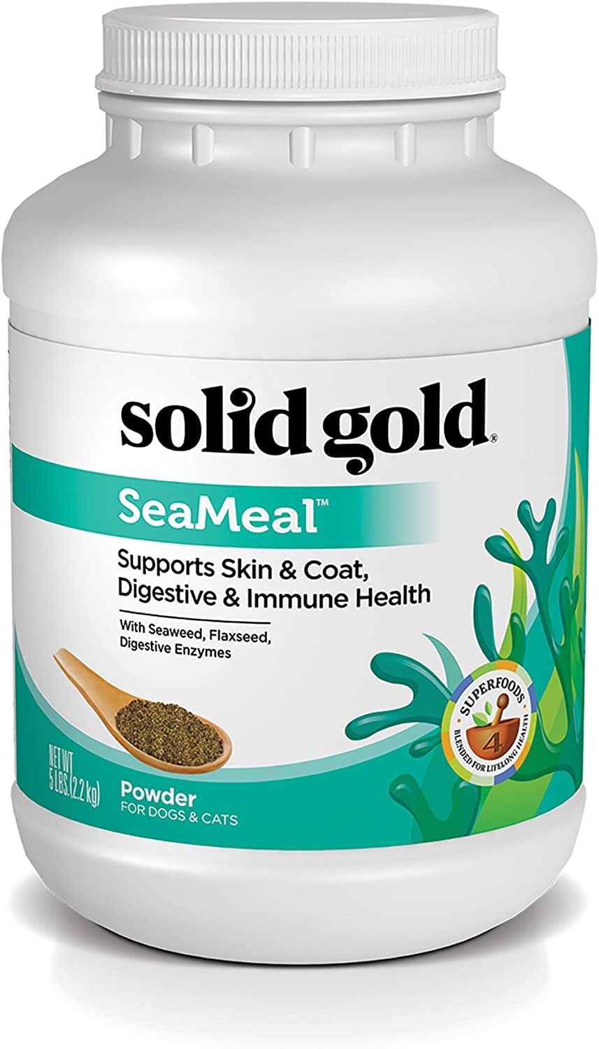 Solid Gold SeaMeal en polvo en frasco, apoyo para piel y pelaje.