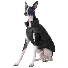 SPACE LION chaqueta puffer vista frontal negro, mantiene al perro abrigado durante paseos fríos.