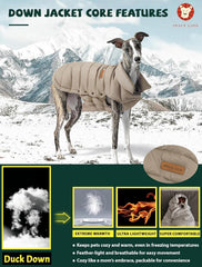 SPACE LION dog puffer jacket back view highlighting full coverage for windy days