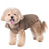Space Lion chaqueta perro puffer camel frente: calor ligero para paseos diarios.