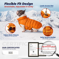 SPACE LION jaqueta puffer naranja, pecho adaptable para perros con pecho ancho.