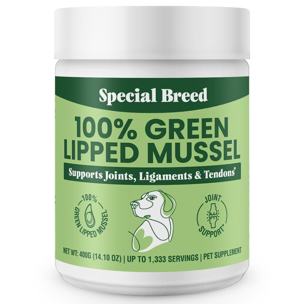 Special Breed polvo mejillón verde 400 g: presentación para perros y gatos, fácil de usar.