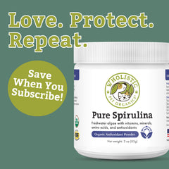 Spirulina orgánica para perros, ingredientes limpios y naturales.