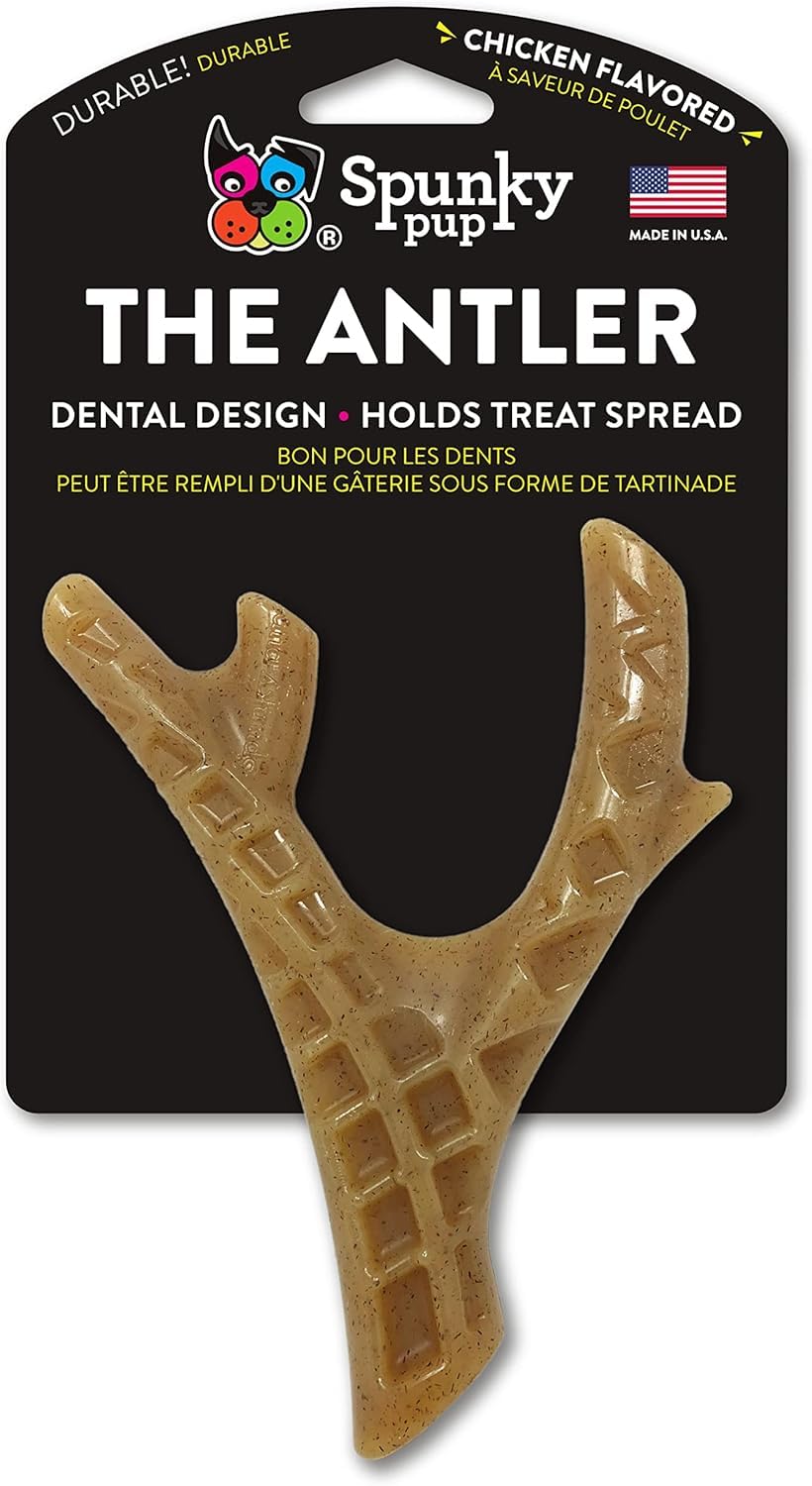 Spunky pup juguete masticable de nylon con astas y sabor a pollo, ideal para masticadores agresivos.