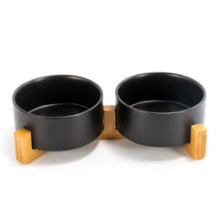 SPUNKYJUNKY tazón cerámico doble uso con base de madera, cómodo para comer y beber