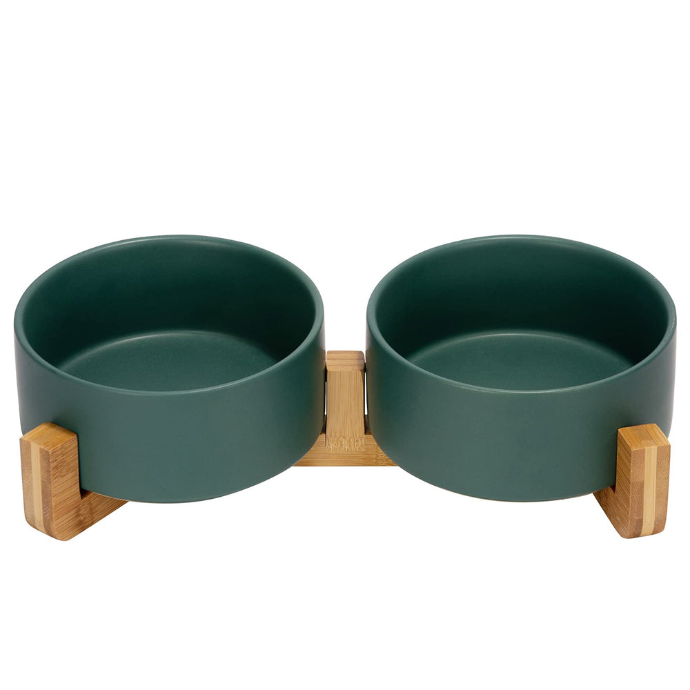 SPUNKYJUNKY tazon ceramico para perros y gatos con estante de madera, fácil de usar.