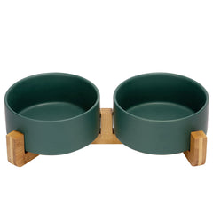 SPUNKYJUNKY tazon ceramico para perros y gatos con estante de madera, fácil de usar.
