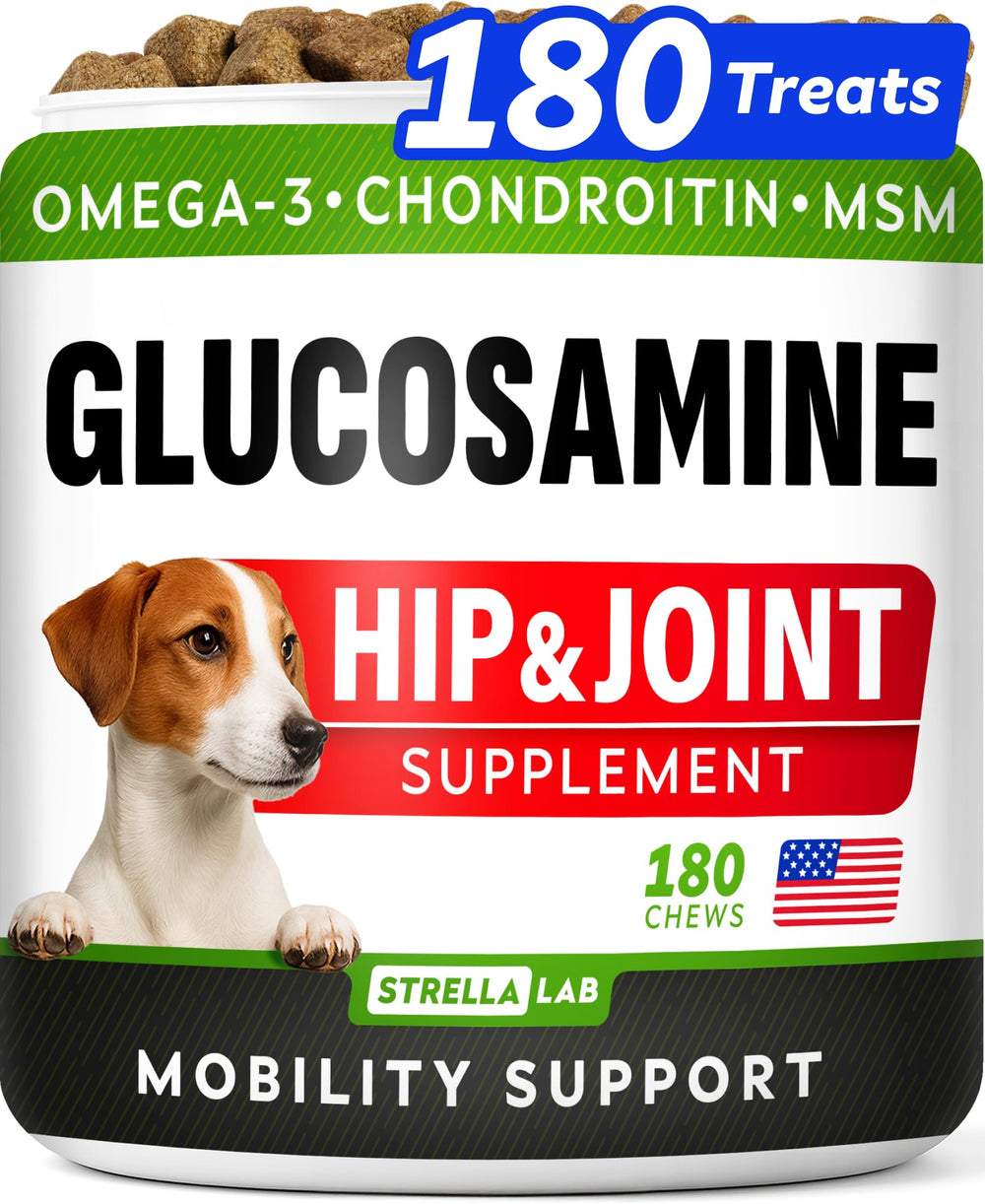 STRELLALAB Glucosamina para perros: frasco del producto y movilidad diaria.