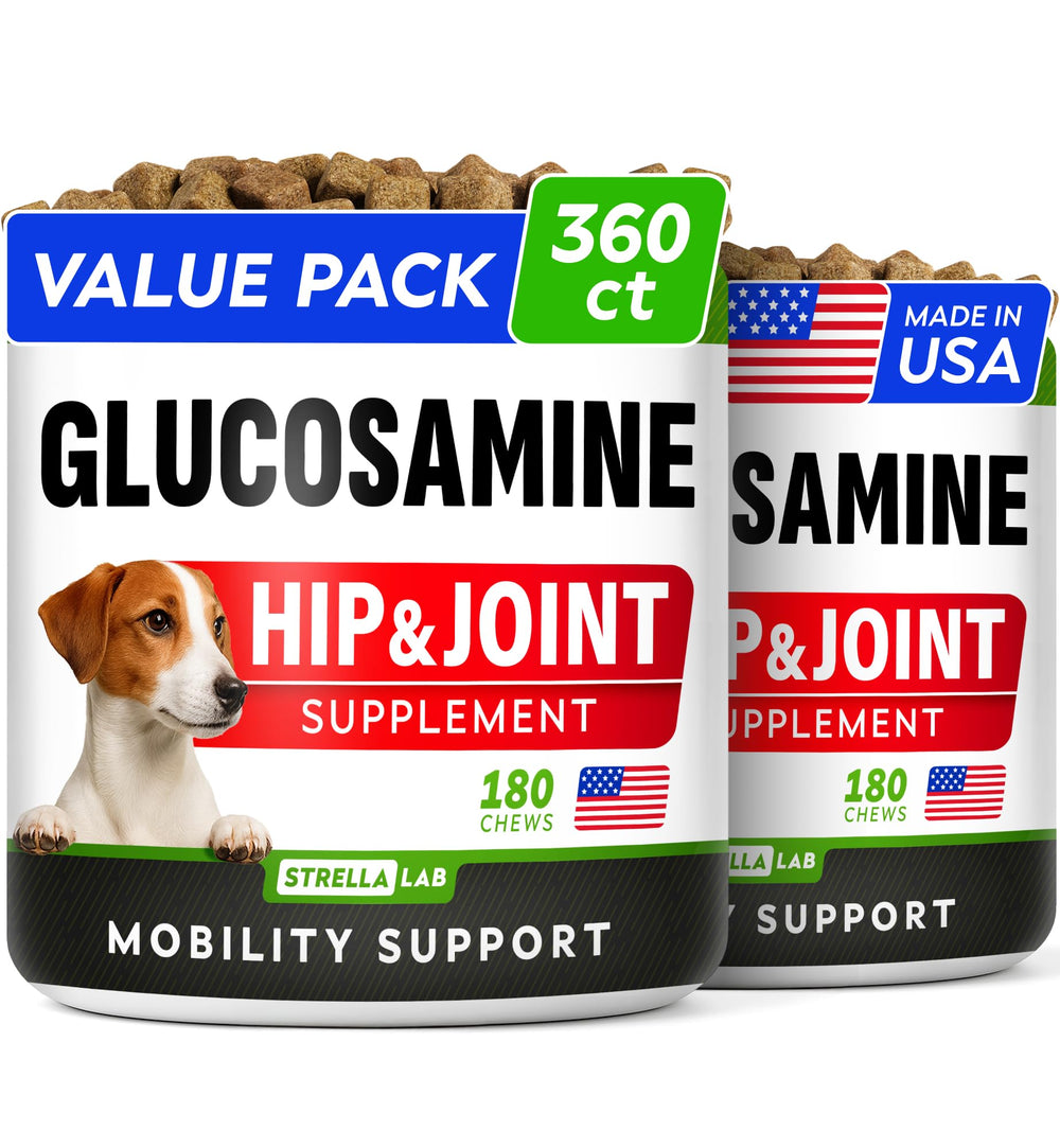 STRELLALAB glucosamina para perros grandes, botella frontal, promueve movilidad diaria.