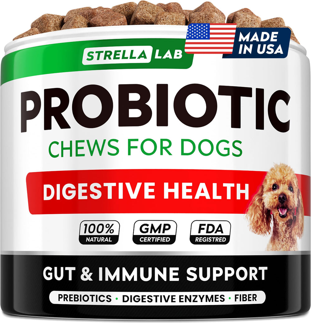 STRELLALAB probióticos para perros, jarra de gomitas digestivas con sabor a pollo.