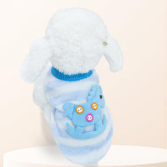 Suéter azul para perros pequeños, frente con caracol y diseño de rayas.