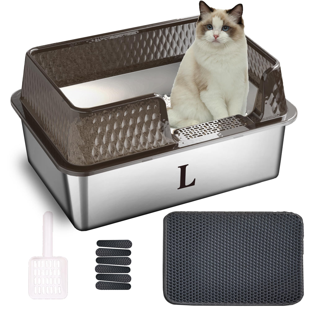 Caja Suhaco de acero inoxidable con entrada lateral, ideal para gatos medianos y limpieza sencilla.