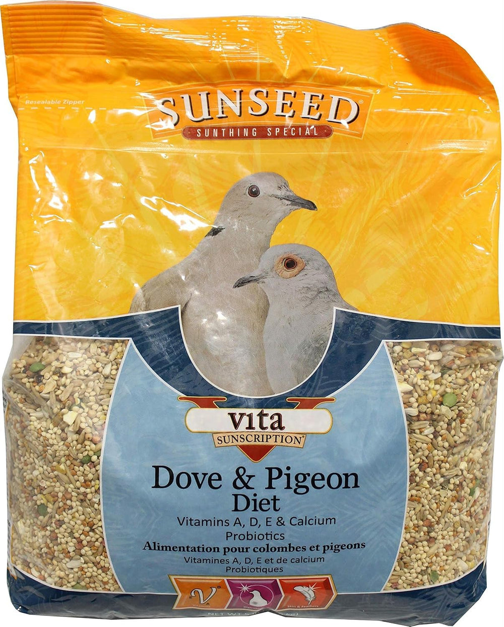 Sunseed Vita Sunscript Dove Pigeon, empaque frontal, nutrición para palomas