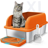 Caja Suzzipaws de acero inoxidable con tapa, fácil de limpiar.