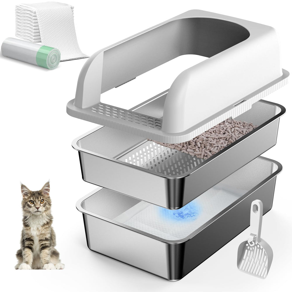 Suzzipaws caja para gatos de acero inoxidable con tapa, vista frontal.