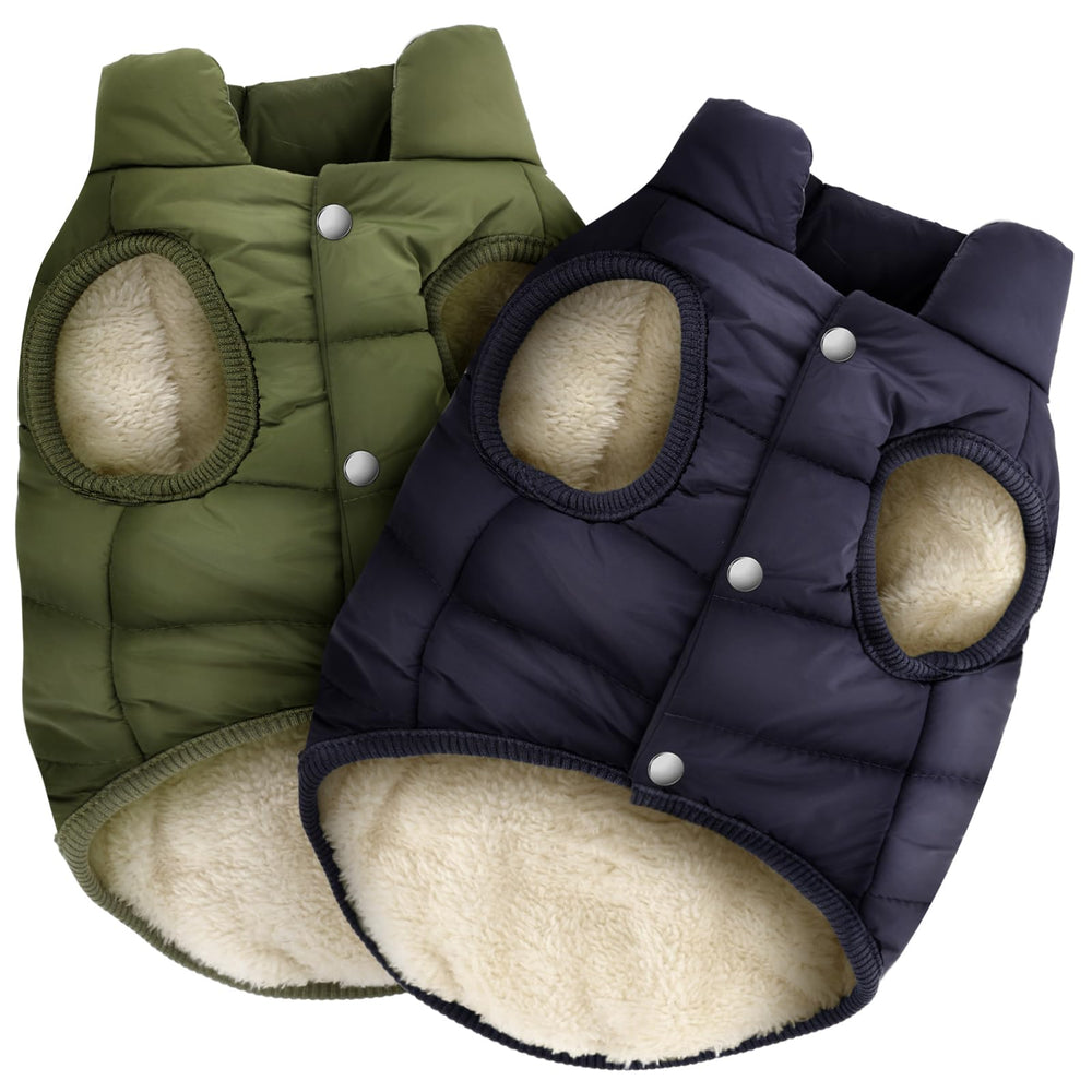 Chaqueta Syhood para perro en azul marino, vista frontal, cálida para paseos invernales.