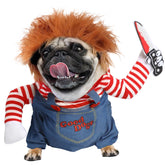 Disfraz T2Y para perro Chucky XXL; frente, ideal para Halloween y fotos divertidas.