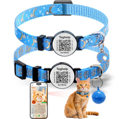 Taghelp collar gato con código QR para acceso rápido a datos.