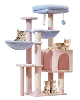 Taoqimiao torre-gato rosa y azul, plataforma elevada para descanso cómodo.
