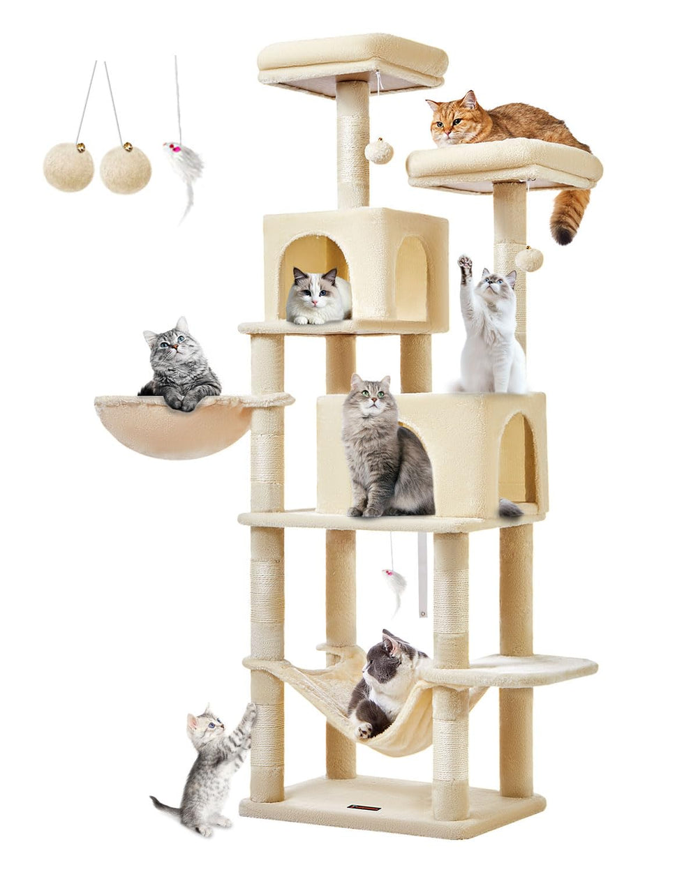 Taoqimiao torre-gato beige de 66,2 pulgadas para juego y descanso seguro en casa.