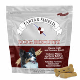 Tartar Shield galletas dentales en empaque, cuidado dental práctico para perros.