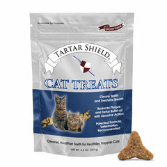 Golosinas Tartar Shield para gatos muestran limpieza dental y aliento fresco.