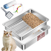 Tehoao bandeja sifto para gatos en acero inoxidable, diseño duradero para uso diario.