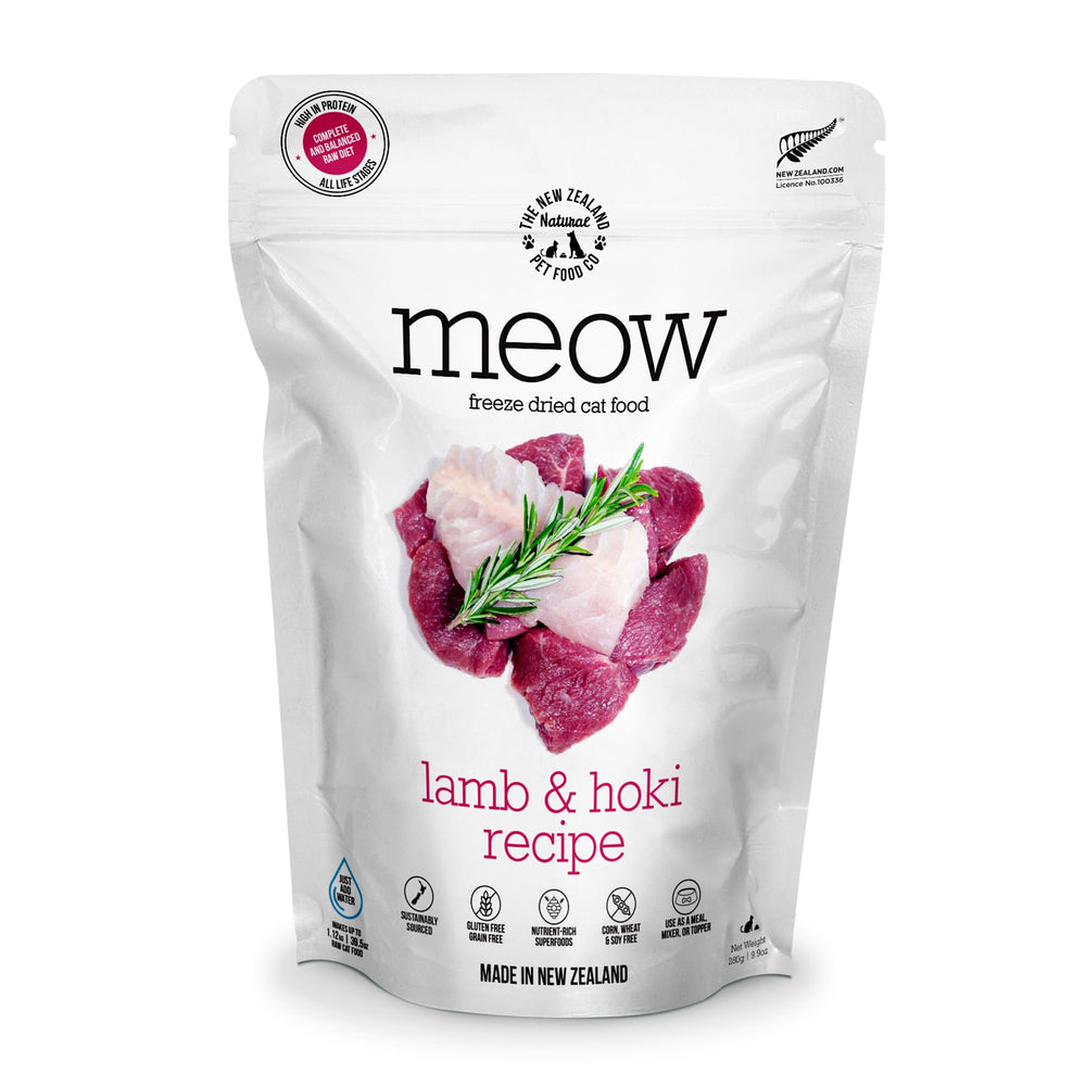 The New Zealand Natural Pet Food Co. Meow alimento seco liofilizado para gatos con cordero y hoki.