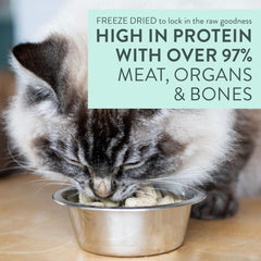 The New Zealand Natural Pet Food Co Meow Freeze Dried Cat Food, etiqueta-nutricion-natural: ingredientes premium.