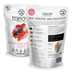 The New Zealand Natural Pet Food Co. Meow ingredientes de calidad, pollo y salmón, para una comida sabrosa.