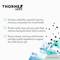 ThorneVet ColostrumVET, etiqueta sin hormonas, origen natural del producto.